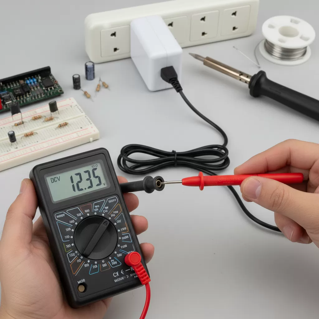 gemini_image_1772200329 Thao tác đặt que đo vào đầu cắm adapter để kiểm tra điện áp