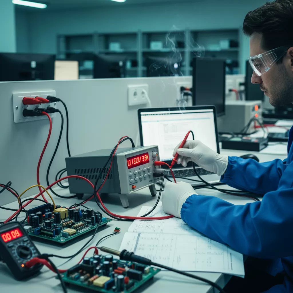 Kỹ thuật viên đang tiến hành kiểm tra thông số dòng điện của adapter trong điều kiện tải nặng