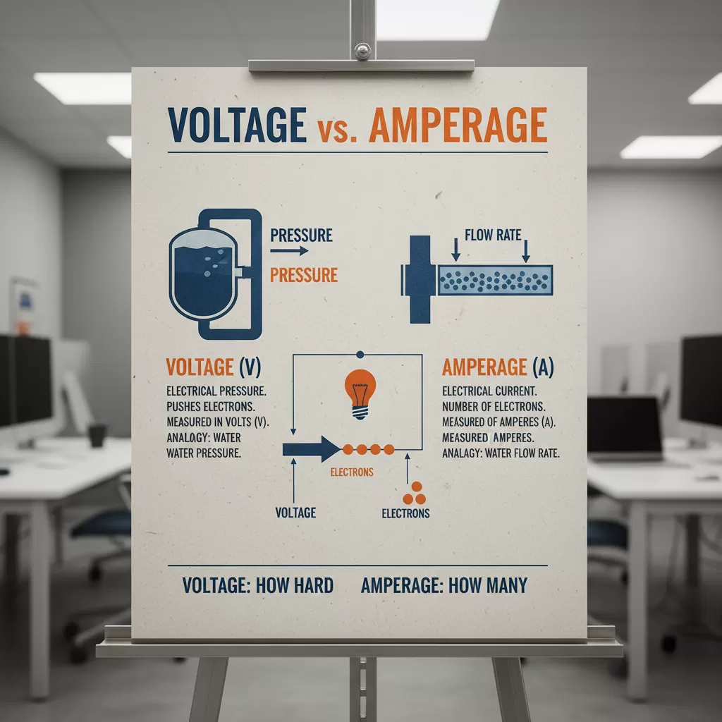 Minh họa trực quan về khái niệm Volt và Ampere trong thiết bị điện