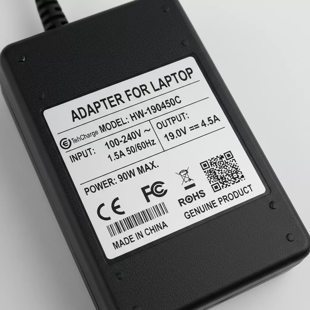 Các thông số kỹ thuật trên sạc chính hãng được in rõ ràng sắc nét và đầy đủ chứng chỉ an toàn