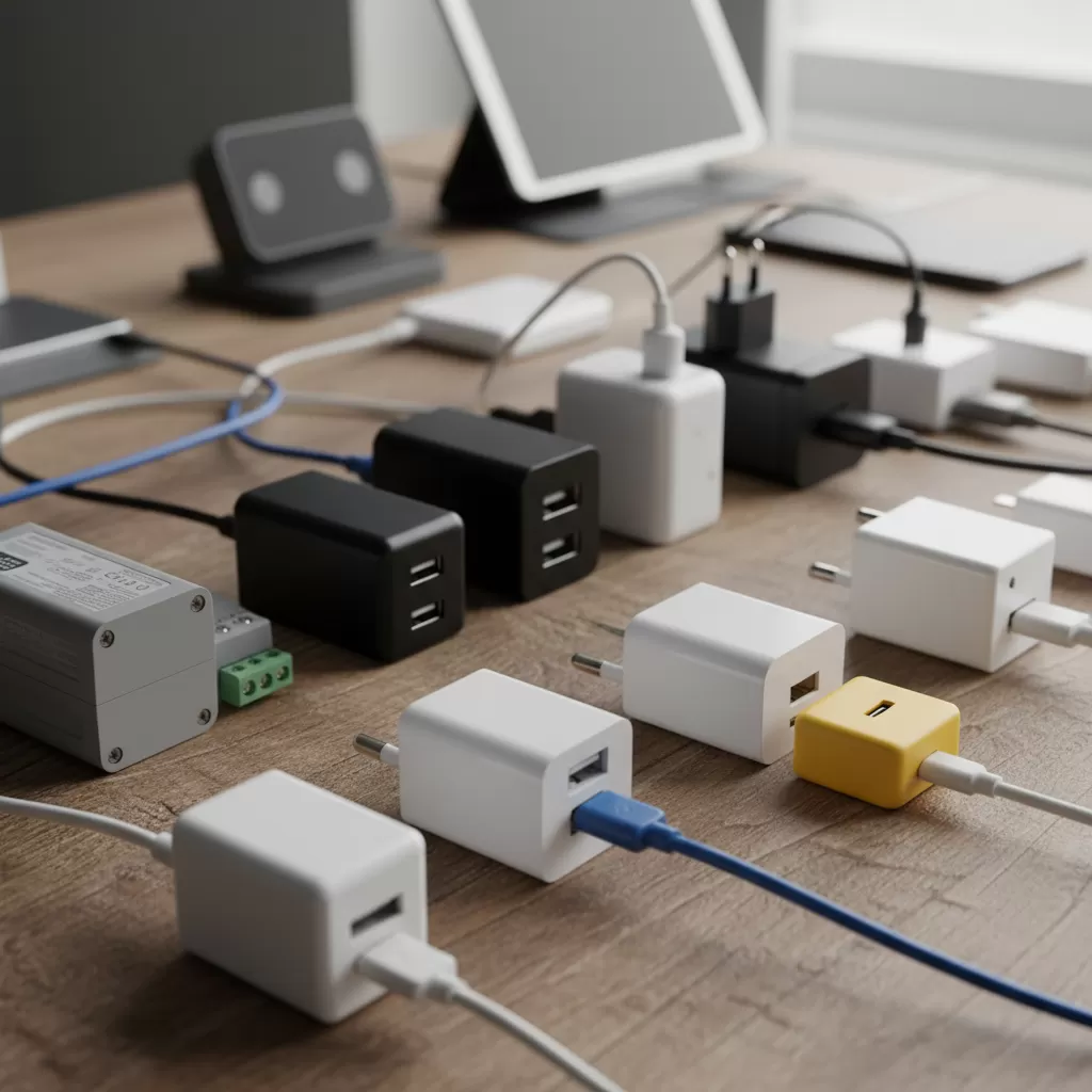 gemini_image_1772172990 Các loại Adapter 5V phổ biến được sử dụng rộng rãi trong đời sống