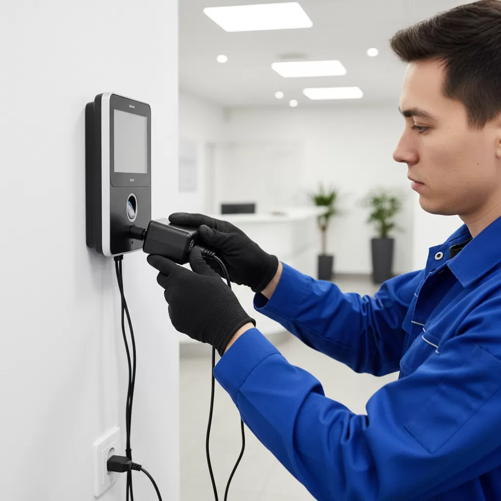 gemini_image_1772175050-1 Thực hiện kết nối adapter mới vào máy chấm công đúng trình tự kỹ thuật