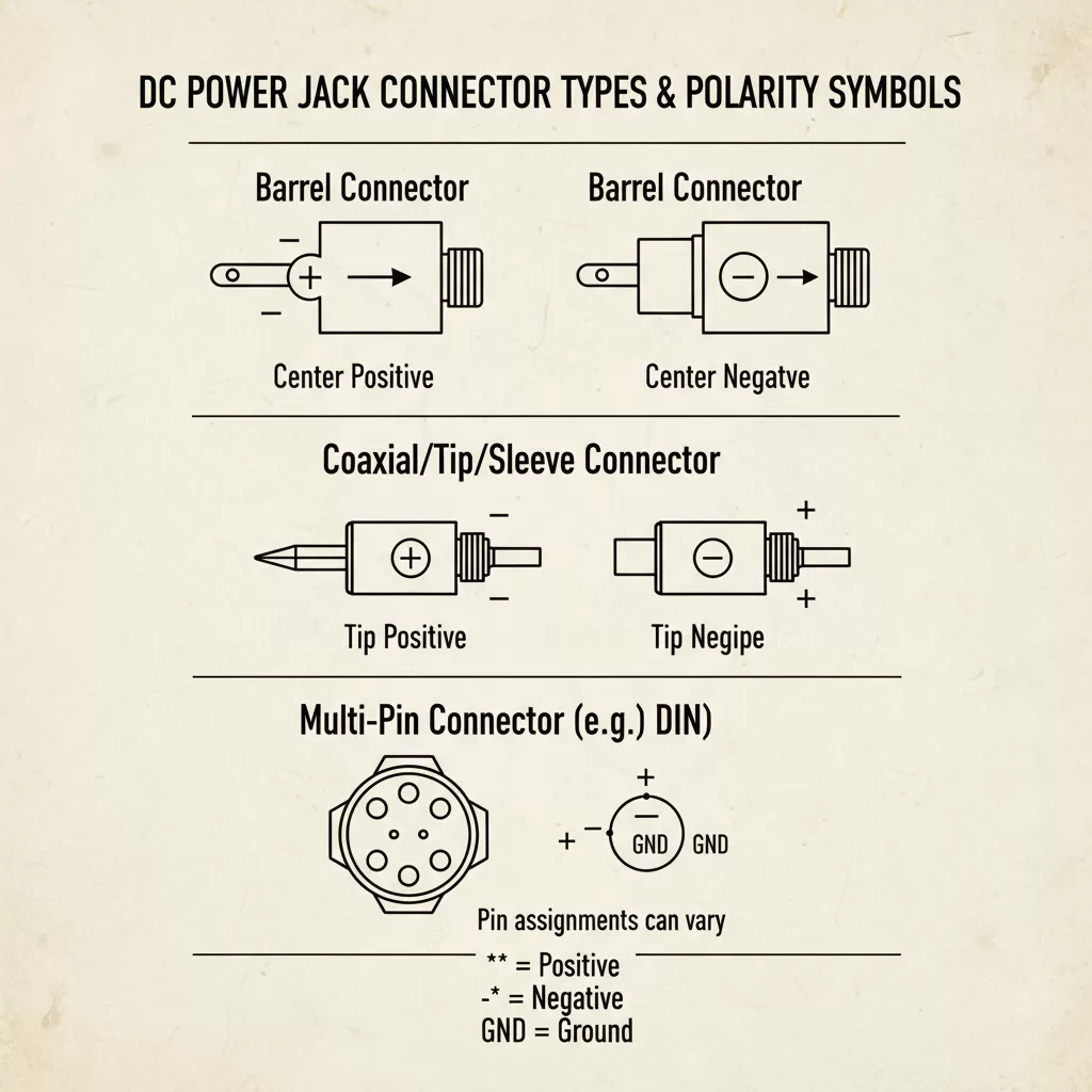 Sơ đồ minh họa các loại đầu cắm và ký hiệu cực tính phổ biến