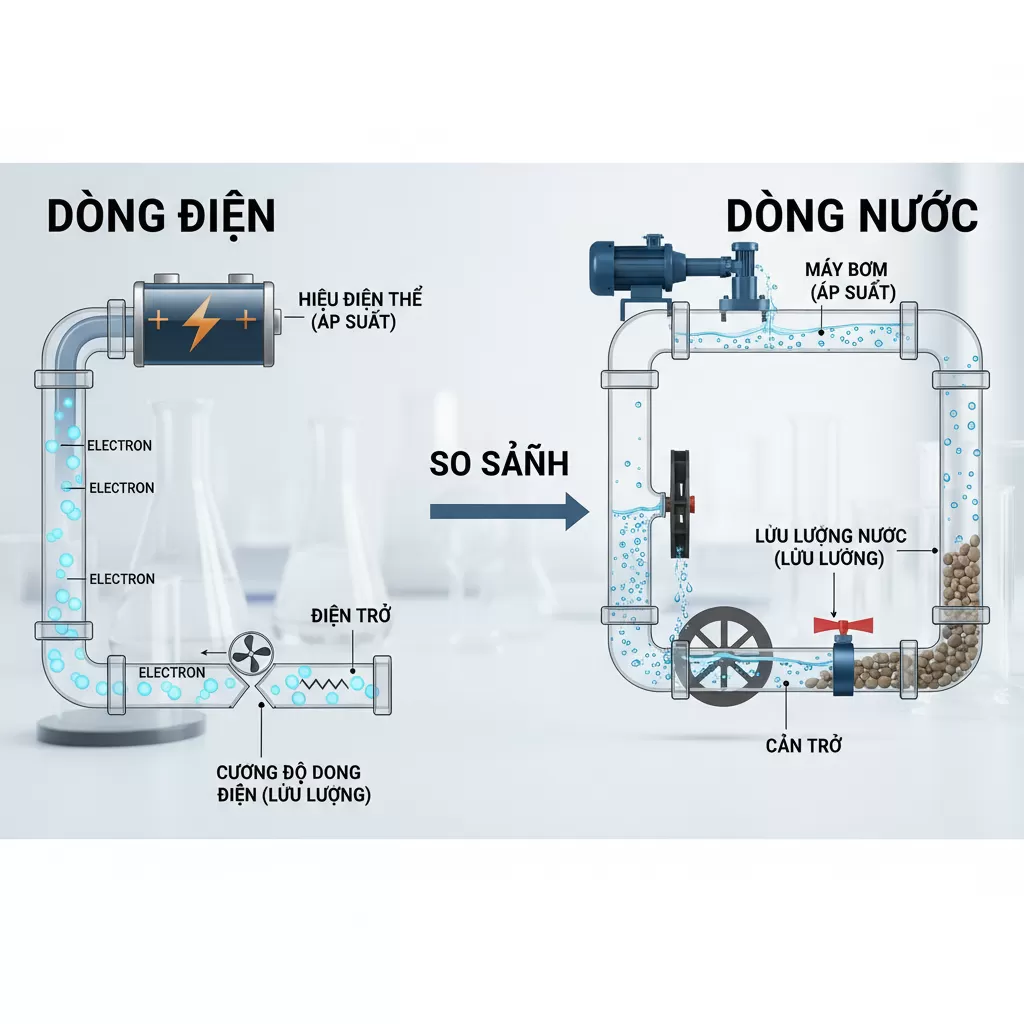 gemini_image_1772177412 Mô hình so sánh Volt như áp lực nước và Amp như lưu lượng dòng chảy