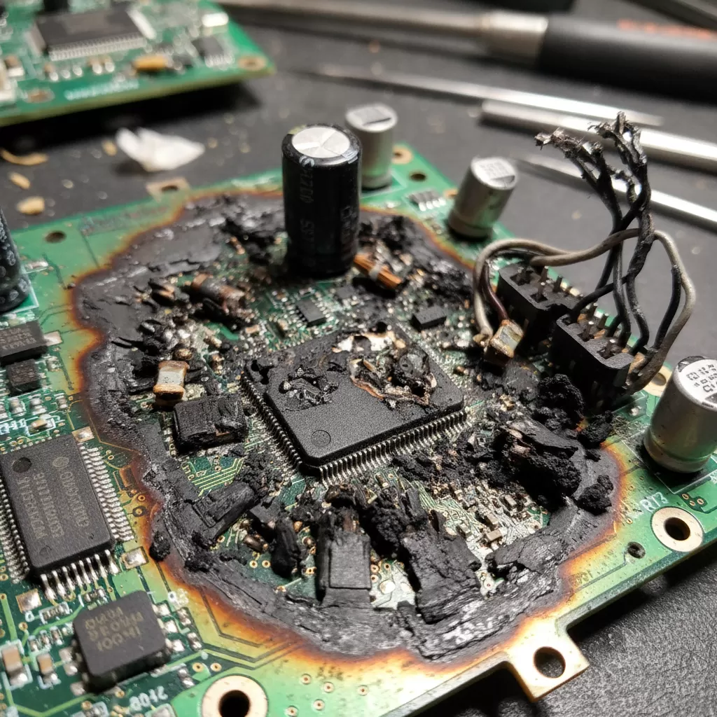 gemini_image_1772178197 Linh kiện điện tử bị cháy sém do sử dụng nguồn điện có điện áp Volt quá cao