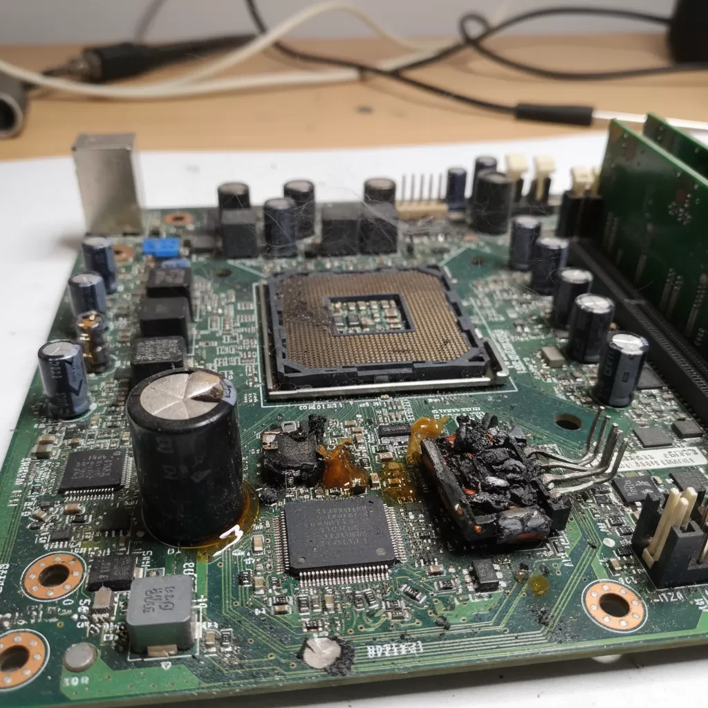 Linh kiện trên mainboard bị cháy sém do tác động của quá áp và quá nhiệt