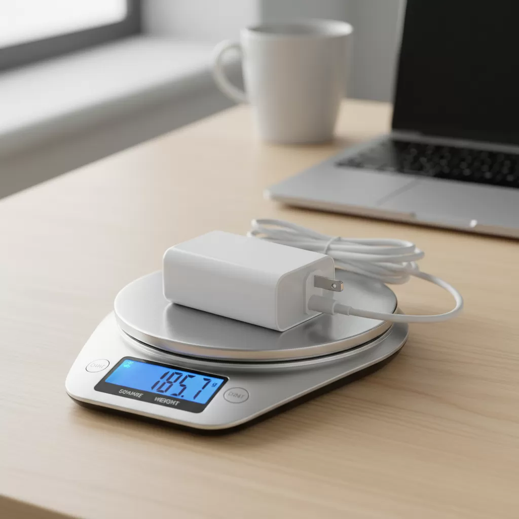 Sử dụng cân điện tử để so sánh trọng lượng giữa adapter thật và giả