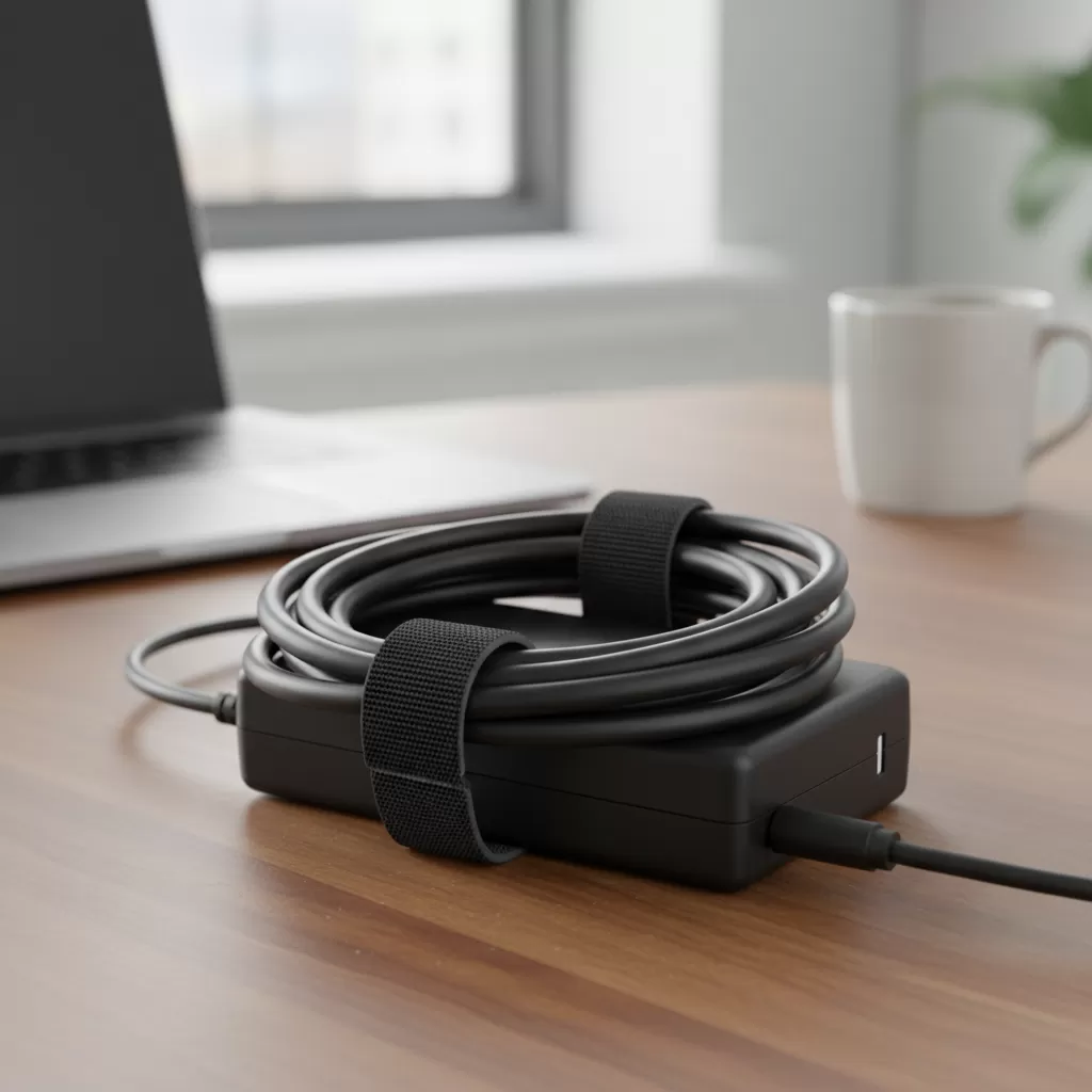 Kỹ thuật cuộn dây sạc laptop theo vòng tròn lỏng để tránh tình trạng đứt ngầm bên trong