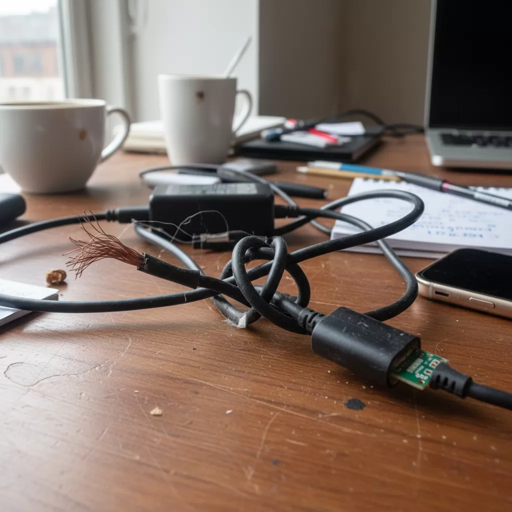 Dây sạc laptop bị rối và có dấu hiệu hư hỏng do không được bảo quản đúng cách