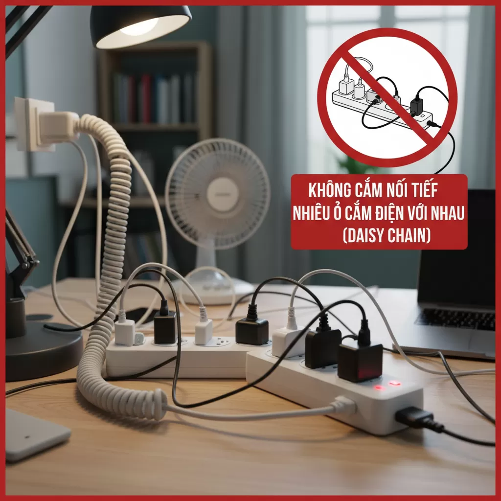 Tuyệt đối không cắm nối tiếp các ổ cắm kéo dài để tránh nguy cơ sụt áp và cháy nổ