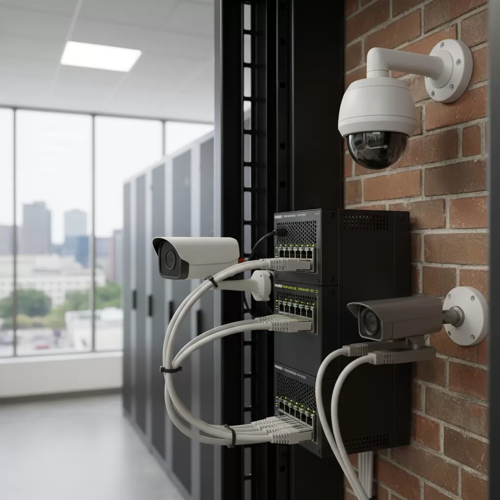 gemini_image_1772186423 Công nghệ PoE cho phép truyền tải điện áp cao và dữ liệu trên cùng một sợi cáp mạng