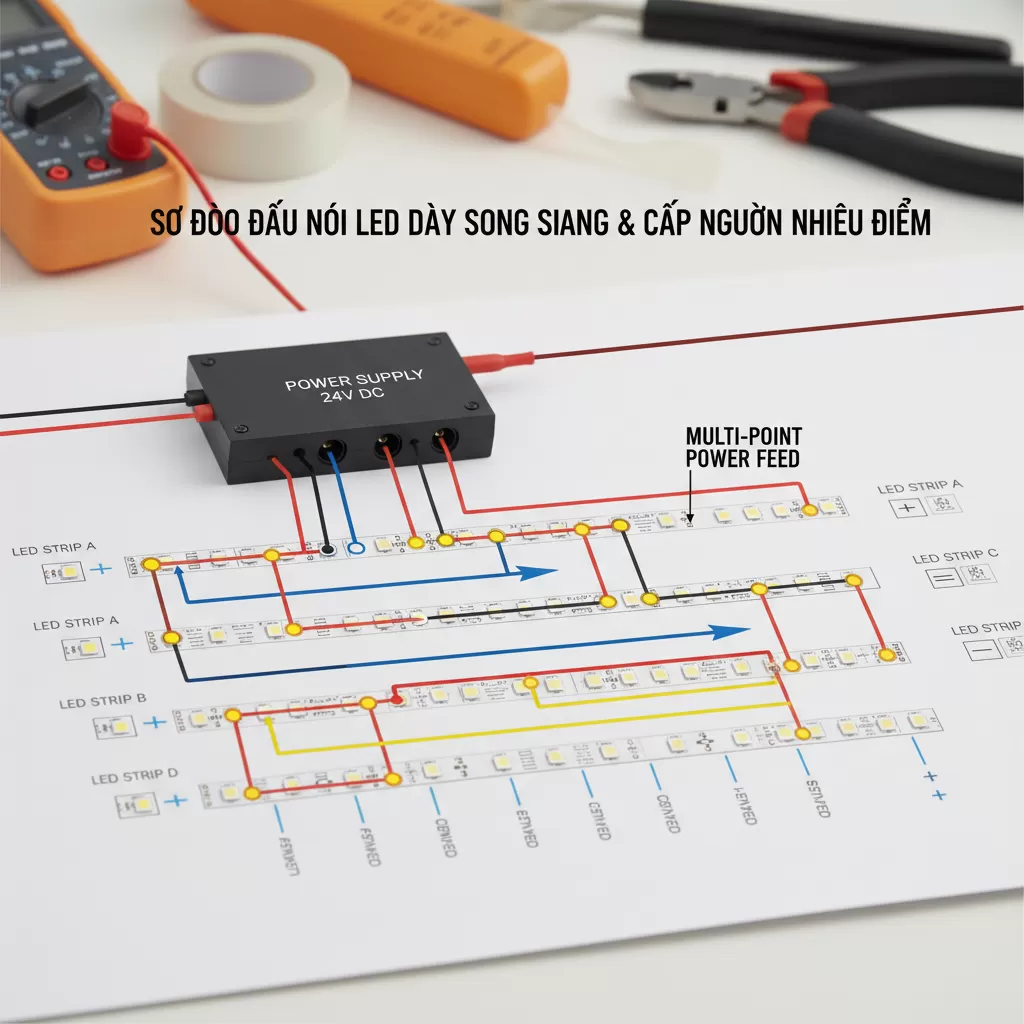 gemini_image_1772188867 Kỹ thuật đấu nối song song giúp khắc phục triệt để hiện tượng sụt áp trên dải LED dài