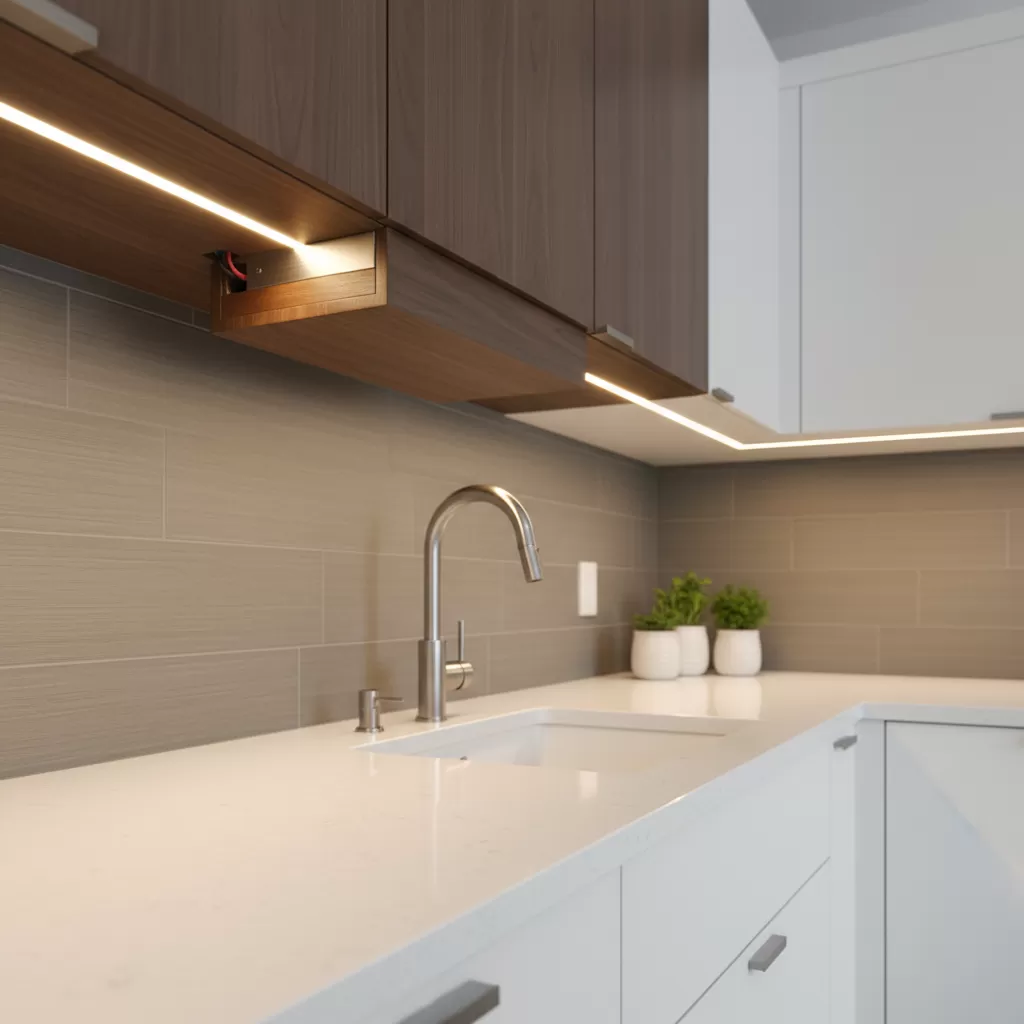 gemini_image_1772189466-1 Giải pháp giấu nguồn LED tinh tế trong tủ bếp giúp tăng tính thẩm mỹ cho không gian
