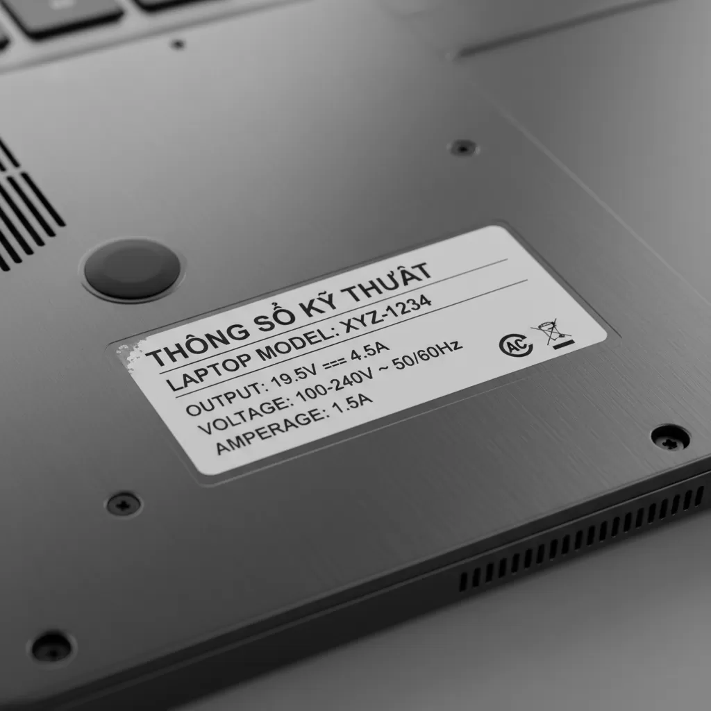 Kiểm tra kỹ các thông số điện áp và cường độ dòng điện dưới đáy laptop