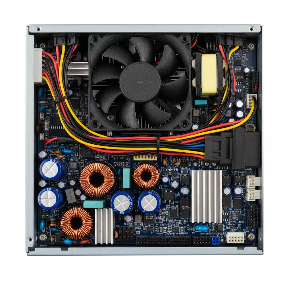 Cấu tạo bên trong của bộ nguồn chất lượng với các tụ điện và mạch bảo vệ cao cấp