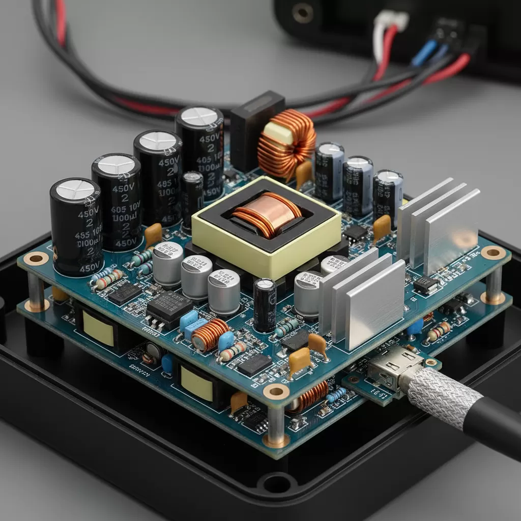 Cấu tạo linh kiện bên trong một adapter OEM chất lượng cao thường rất tinh xảo và đầy đủ các mạch bảo vệ