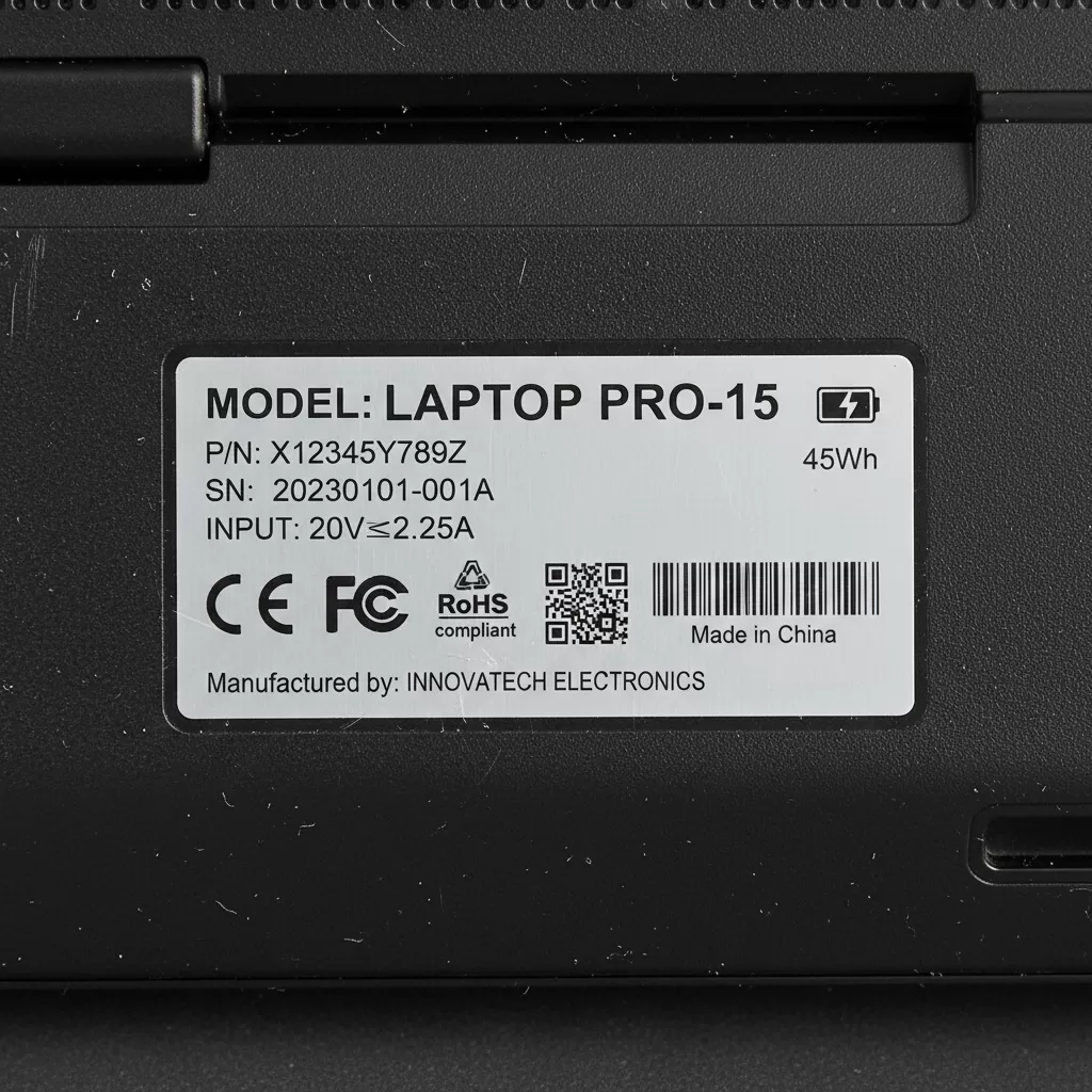 Thông tin kỹ thuật quan trọng thường được dán ở mặt dưới của laptop