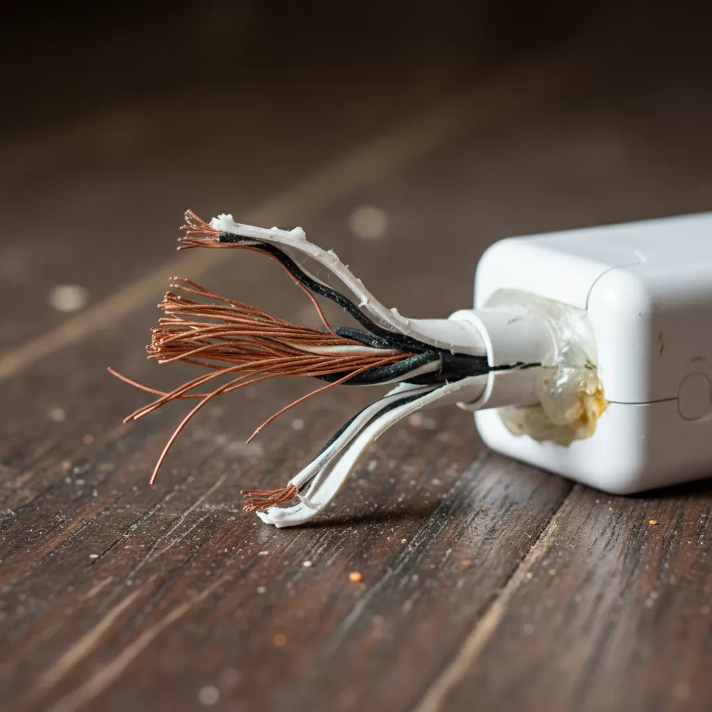Dây dẫn bị hở hoặc dập gãy là dấu hiệu cảnh báo cần thay thế adapter ngay lập tức