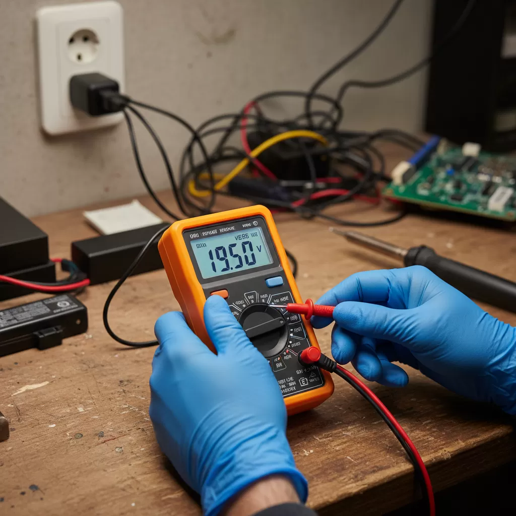 Kỹ thuật viên sử dụng thiết bị chuyên dụng để kiểm tra thông số điện áp của adapter