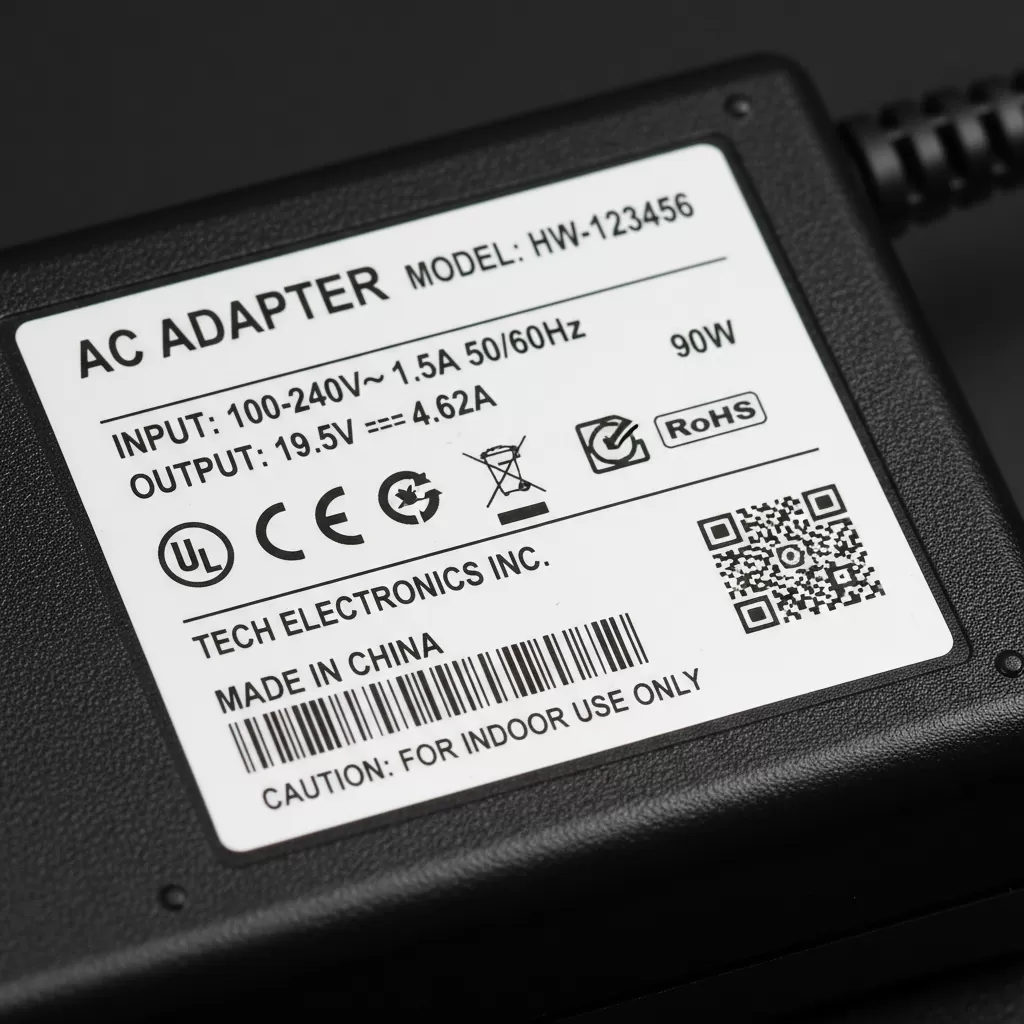 gemini_image_1772211951 Thông số kỹ thuật chi tiết in trên nhãn của một bộ sạc adapter